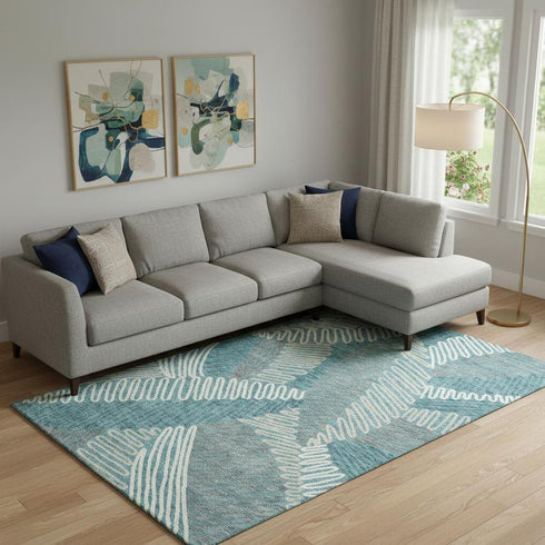 8' X 10' Teal Ivory And Gray Floral Washable Area Rug With UV Protection