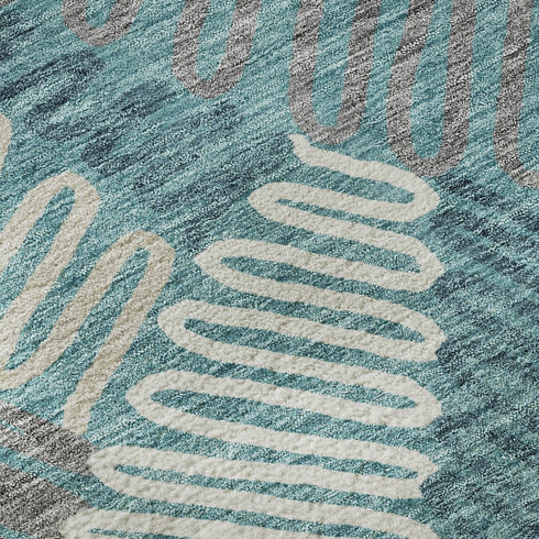 8' X 10' Teal Ivory And Gray Floral Washable Area Rug With UV Protection