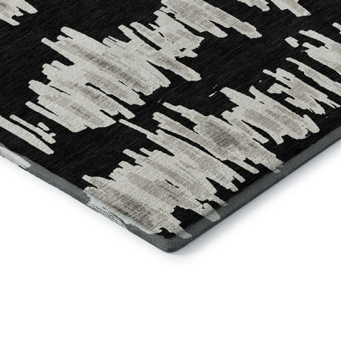 5' X 8' Black And Ivory Striped Washable Area Rug With UV Protection