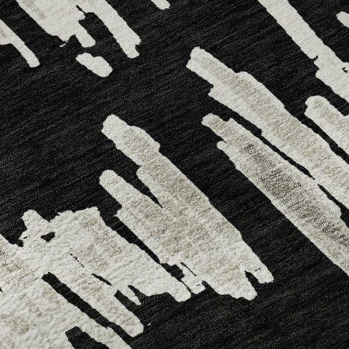 5' X 8' Black And Ivory Striped Washable Area Rug With UV Protection