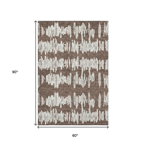 5' X 8' Brown And Beige Striped Washable Area Rug With UV Protection