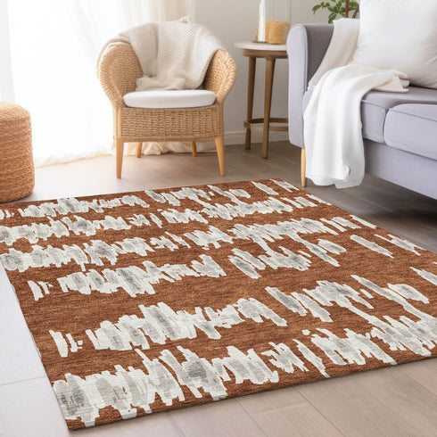 9' X 12' Rust And Beige Striped Washable Area Rug With UV Protection