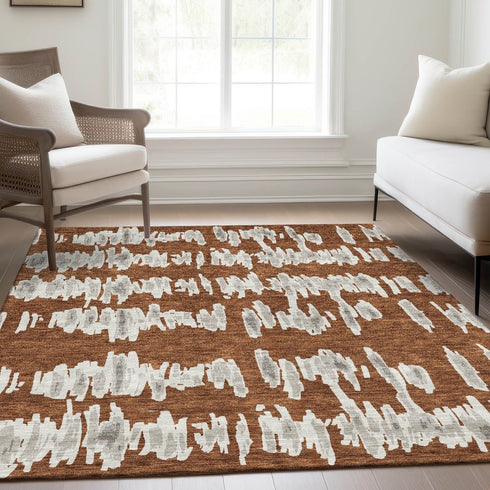 9' X 12' Rust And Beige Striped Washable Area Rug With UV Protection