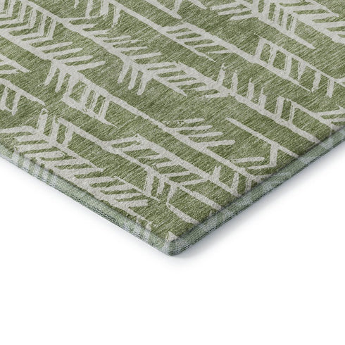 5' X 8' Green And Ivory Tribal Washable Area Rug With UV Protection