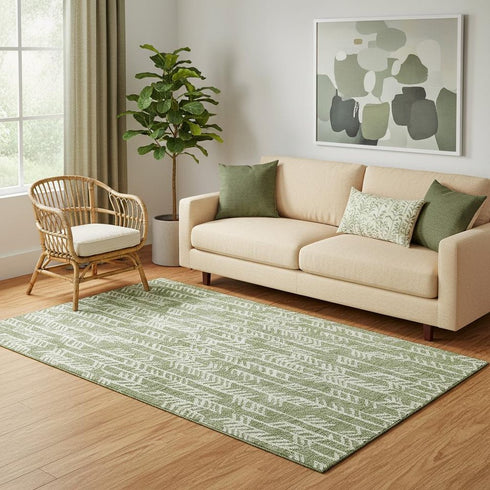 5' X 8' Green And Ivory Tribal Washable Area Rug With UV Protection