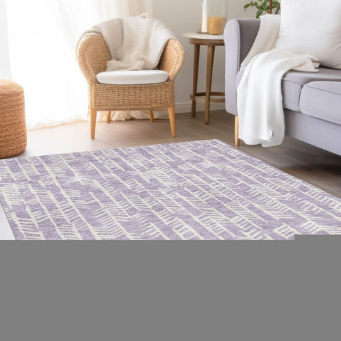 9' X 12' Lavender And Ivory Tribal Washable Area Rug With UV Protection