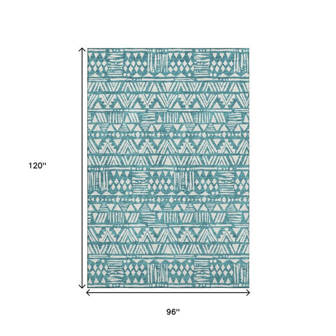 8' X 10' Teal And Ivory Southwestern Washable Area Rug With UV Protection