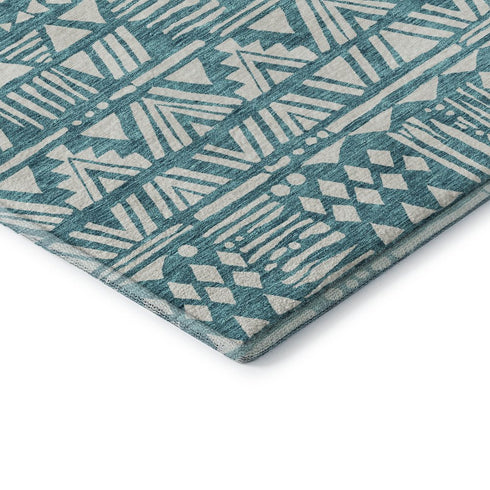8' X 10' Teal And Ivory Southwestern Washable Area Rug With UV Protection