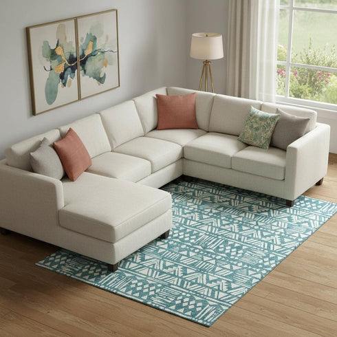 8' X 10' Teal And Ivory Southwestern Washable Area Rug With UV Protection