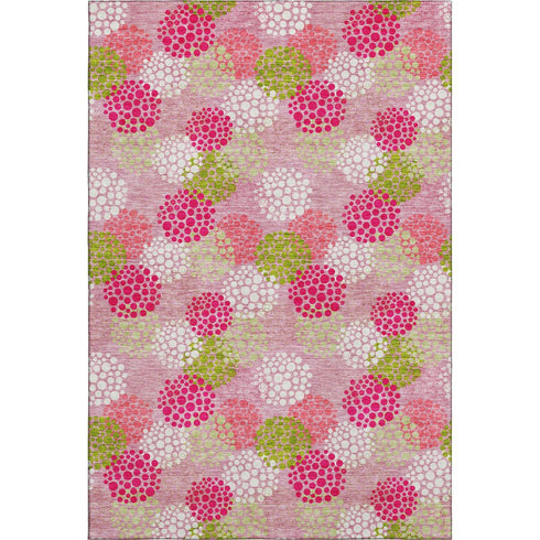 5' X 8' Pink Green And Ivory Polka Dot Washable Area Rug With UV Protection