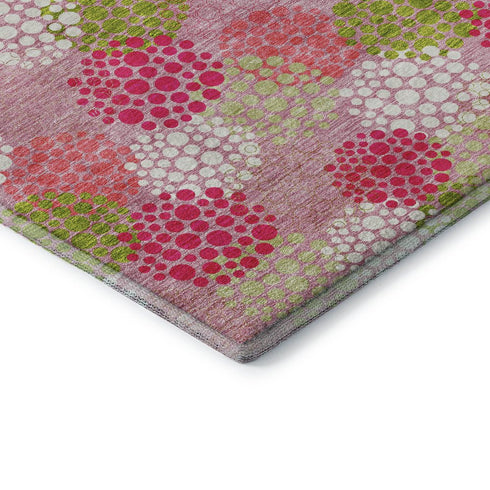 5' X 8' Pink Green And Ivory Polka Dot Washable Area Rug With UV Protection