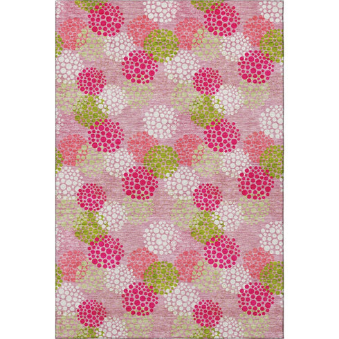 5' X 8' Pink Green And Ivory Polka Dot Washable Area Rug With UV Protection
