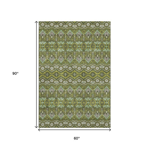 5' X 8' Olive Green And Beige Moroccan Washable Area Rug With UV Protection