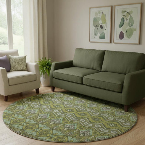 8' Olive Green And Beige Moroccan Washable Round Rug With UV Protection