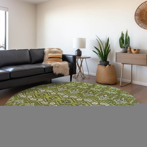 8' Olive Green And Beige Moroccan Washable Round Rug With UV Protection