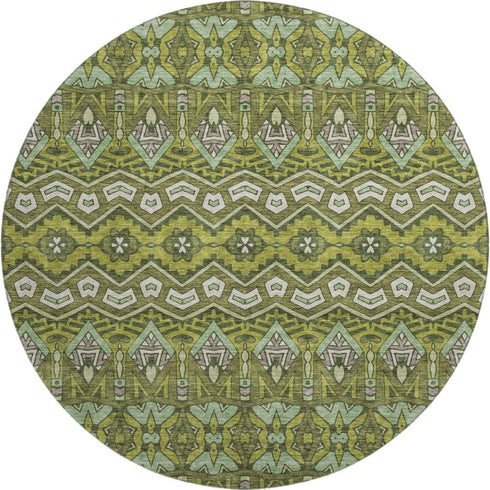 8' Olive Green And Beige Moroccan Washable Round Rug With UV Protection