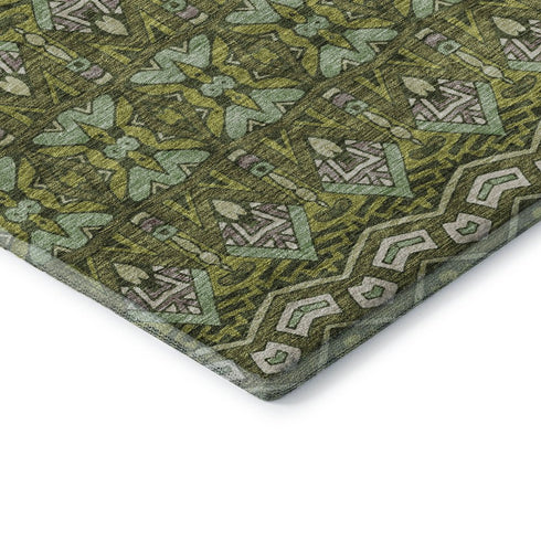 8' Olive Green And Beige Moroccan Washable Round Rug With UV Protection
