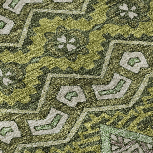 8' Olive Green And Beige Moroccan Washable Round Rug With UV Protection