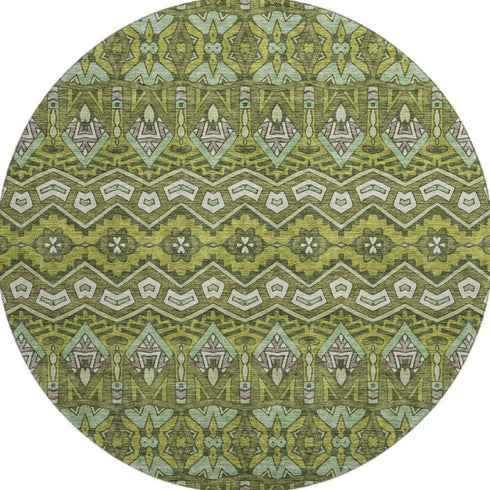 8' Olive Green And Beige Moroccan Washable Round Rug With UV Protection