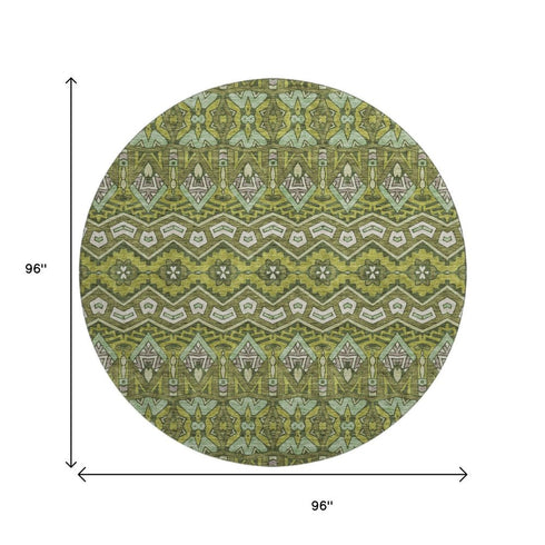 8' Olive Green And Beige Moroccan Washable Round Rug With UV Protection