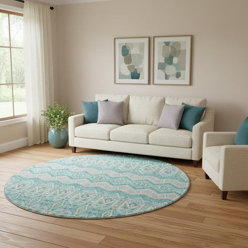 8' Teal Beige And Ivory Moroccan Washable Round Rug With UV Protection