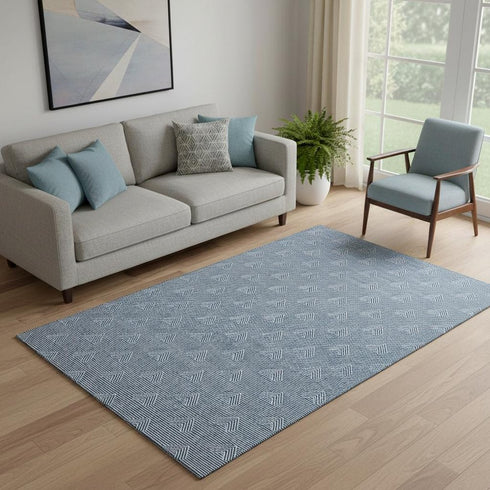5' X 8' Blue And Ivory Abstract Geometric Washable Area Rug With UV Protection