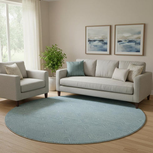 8' Teal And Ivory Abstract Geometric Washable Round Rug With UV Protection