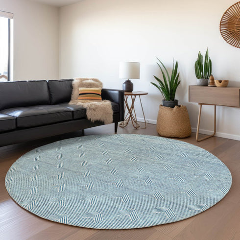 8' Teal And Ivory Abstract Geometric Washable Round Rug With UV Protection