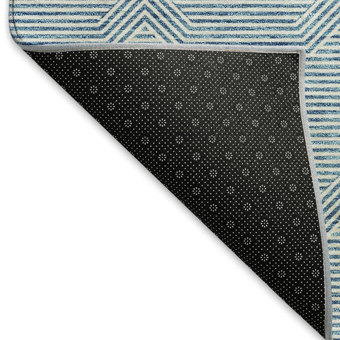 8' Teal And Ivory Abstract Geometric Washable Round Rug With UV Protection