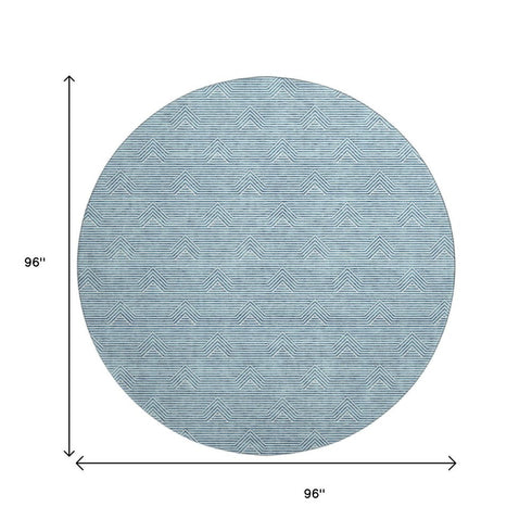 8' Teal And Ivory Abstract Geometric Washable Round Rug With UV Protection