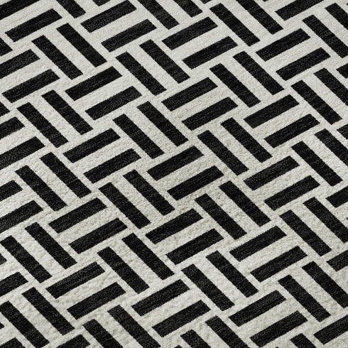 9' X 12' Black And Ivory Geometric Washable Area Rug With UV Protection