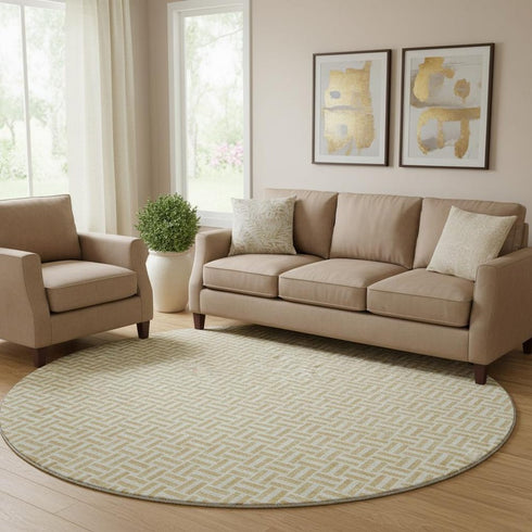 8' Gold And Ivory Geometric Washable Round Rug With UV Protection
