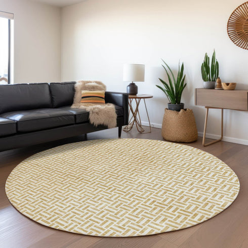 8' Gold And Ivory Geometric Washable Round Rug With UV Protection