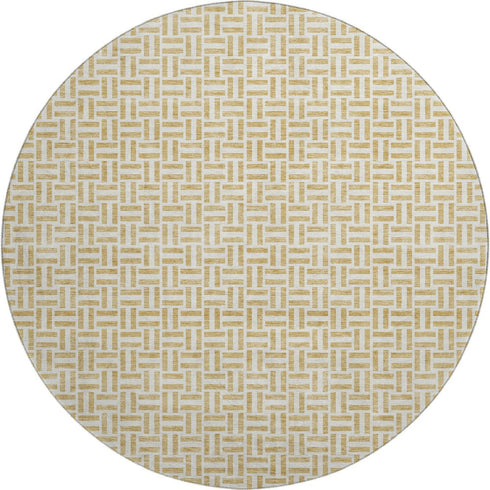 8' Gold And Ivory Geometric Washable Round Rug With UV Protection