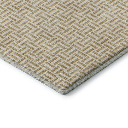 8' Gold And Ivory Geometric Washable Round Rug With UV Protection
