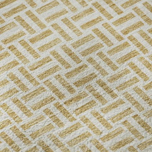 8' Gold And Ivory Geometric Washable Round Rug With UV Protection