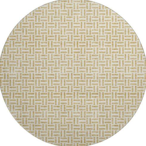8' Gold And Ivory Geometric Washable Round Rug With UV Protection