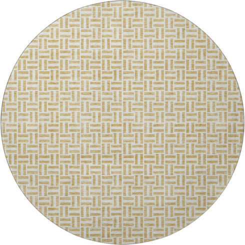 8' Gold And Ivory Geometric Washable Round Rug With UV Protection