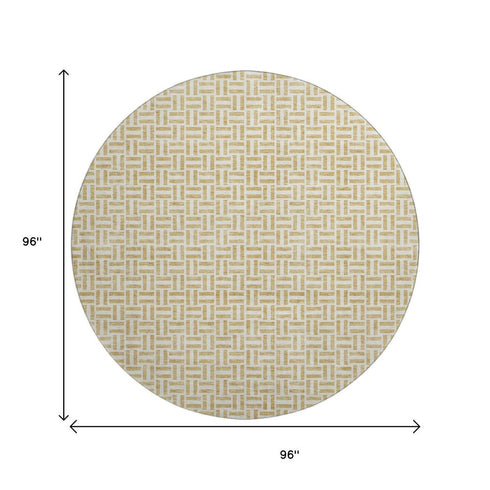 8' Gold And Ivory Geometric Washable Round Rug With UV Protection