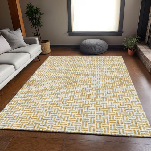 9' X 12' Gold And Ivory Geometric Washable Area Rug With UV Protection