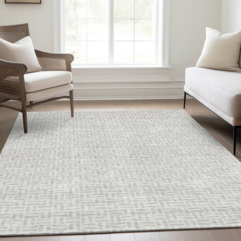8' X 10' Silver And Ivory Geometric Washable Area Rug With UV Protection