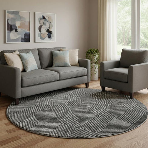 8' Black And Ivory Geometric Washable Round Rug With UV Protection