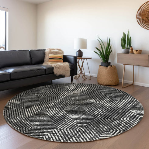 8' Black And Ivory Geometric Washable Round Rug With UV Protection