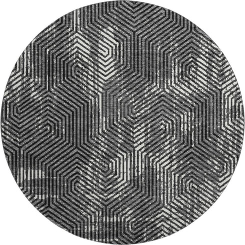 8' Black And Ivory Geometric Washable Round Rug With UV Protection