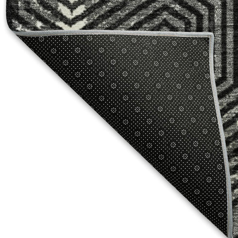 8' Black And Ivory Geometric Washable Round Rug With UV Protection