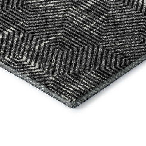 8' Black And Ivory Geometric Washable Round Rug With UV Protection