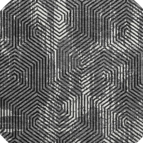 8' Black And Ivory Geometric Washable Round Rug With UV Protection