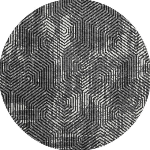 8' Black And Ivory Geometric Washable Round Rug With UV Protection