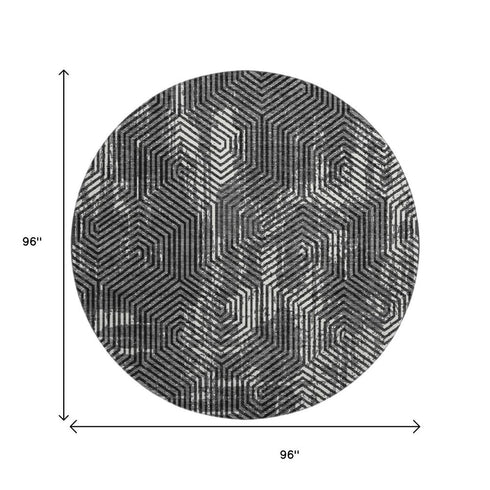 8' Black And Ivory Geometric Washable Round Rug With UV Protection