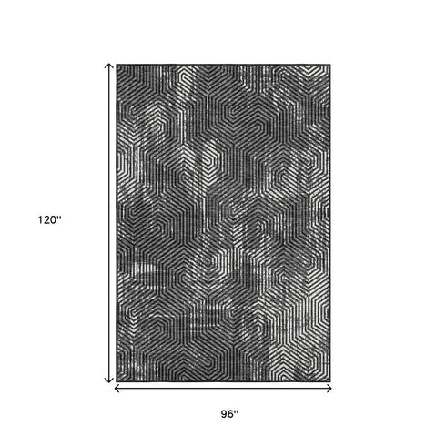 8' X 10' Black And Ivory Geometric Washable Area Rug With UV Protection